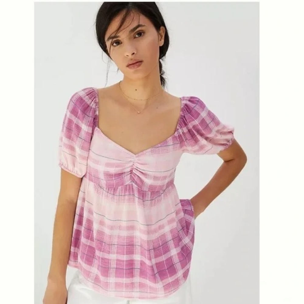 En Elly Anthropologie Pink Plaid Sweetheart Smock Peplum XS